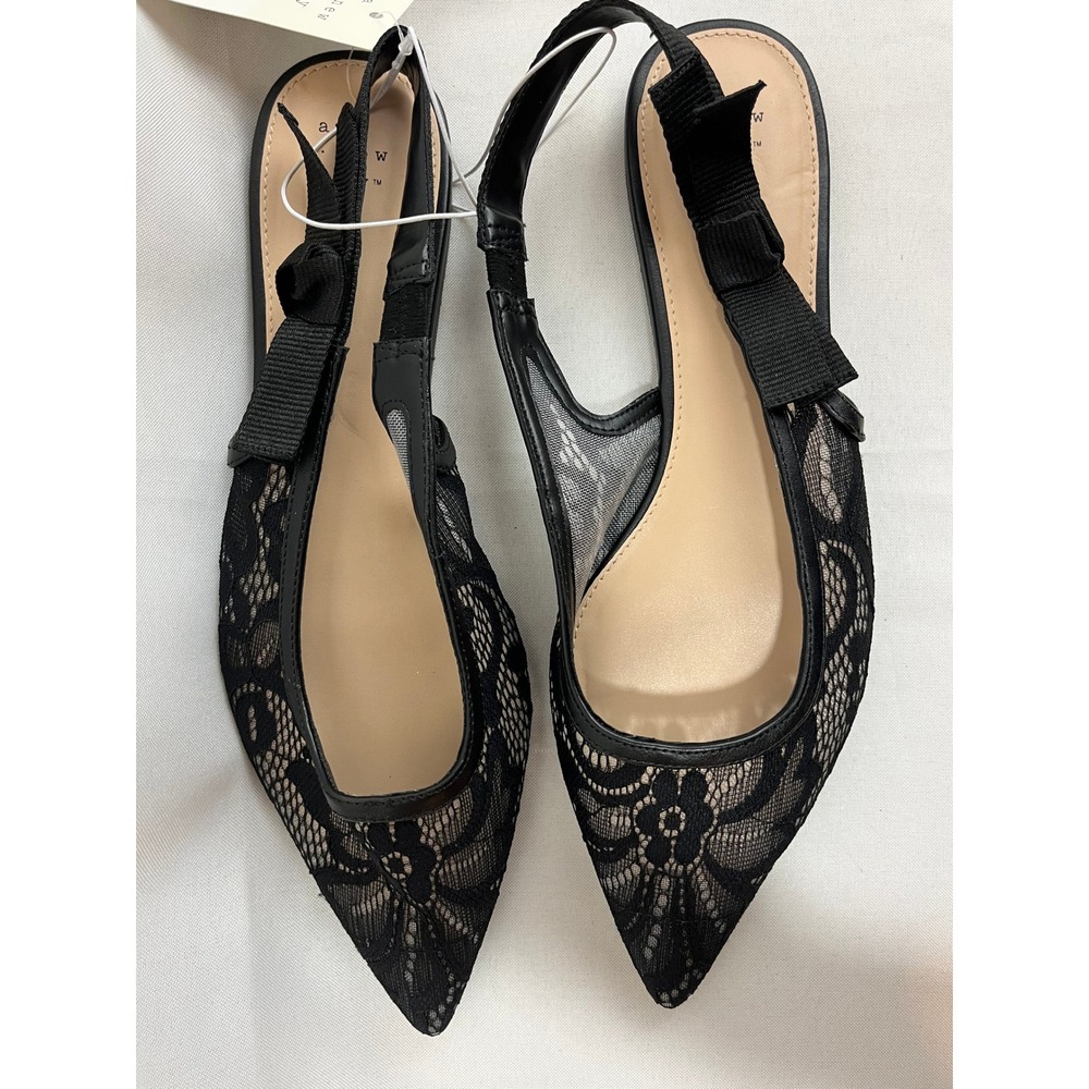 A New Day Womens Black Lace Slingback Flats Pointed Toe Bow Detail Size 10 NEW - Picture 2 of 6